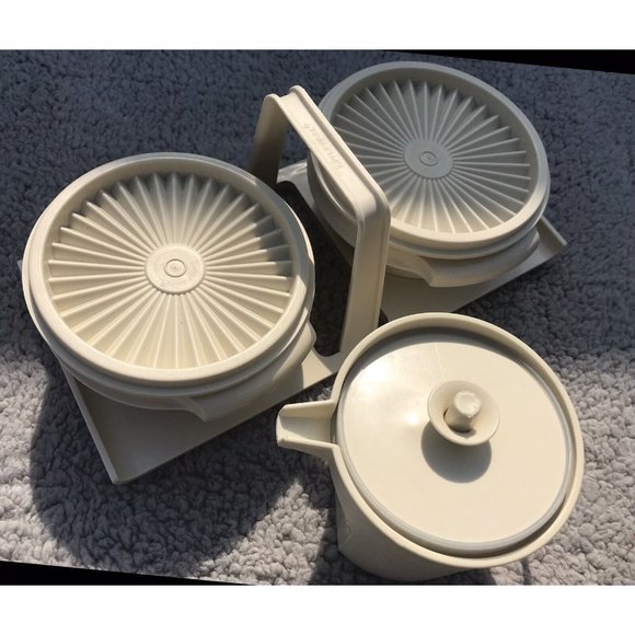 Vtg 80s Tupperware Condiment Servalier Caddy Bowls Lids Storage Pitcher HTF Set - Picture 2 of 15